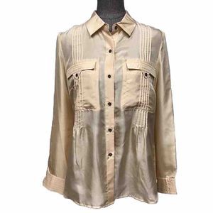J Peterman 100% Silk Button Up Pintuck Blouse Size 10 Long Sleeve Apricot Beige